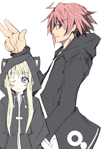 evangeline a.k. mcdowell, nagi springfield, mahou sensei negima!, 00s, 1boy, 1girl, blonde hair, blue eyes, brown hair, flat chest, long hair, one eye closed, short hair, simple background, v, vampire, very long hair