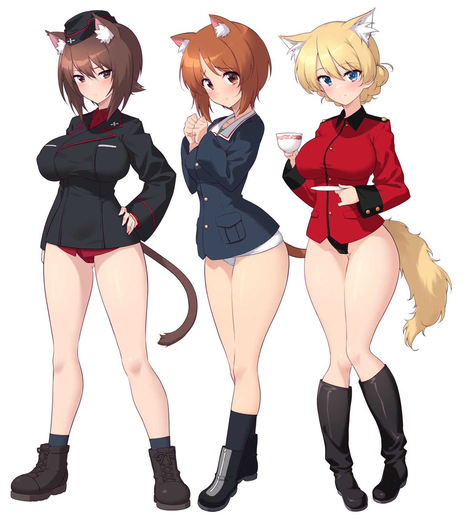 kuzuryuu kennosuke, darjeeling (girls und panzer), nishizumi maho, nishizumi miho, girls und panzer, world witches series, 3girls, animal ears, black panties, blonde hair, blue eyes, blush, braid, breasts, brown eyes, brown hair, cameltoe, cat ears, cat girl, closed mouth, crossover, cup, fox ears, fox girl, fox tail, full body, hand on own hip, hat, holding, holding cup, kuromorimine military uniform, large breasts, looking at viewer, military hat, military uniform, multiple girls, ooarai military uniform, panties, red panties, short hair, simple background, small breasts, smile, st. gloriana's military uniform, tail, teacup, underwear, white background, white panties