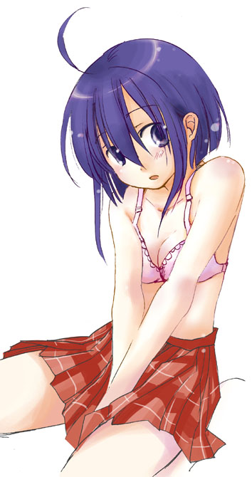 miyazaki nodoka, mahou sensei negima!, duplicate, 00s, 1girl, ahoge, between thighs, blue eyes, blue hair, bob cut, bra, breasts, breasts squeezed together, female focus, head tilt, lingerie, matching hair/eyes, medium breasts, no shirt, plaid clothes, plaid skirt, purple eyes, purple hair, short hair, simple background, sitting, skirt, solo, thighs, underwear, v arms