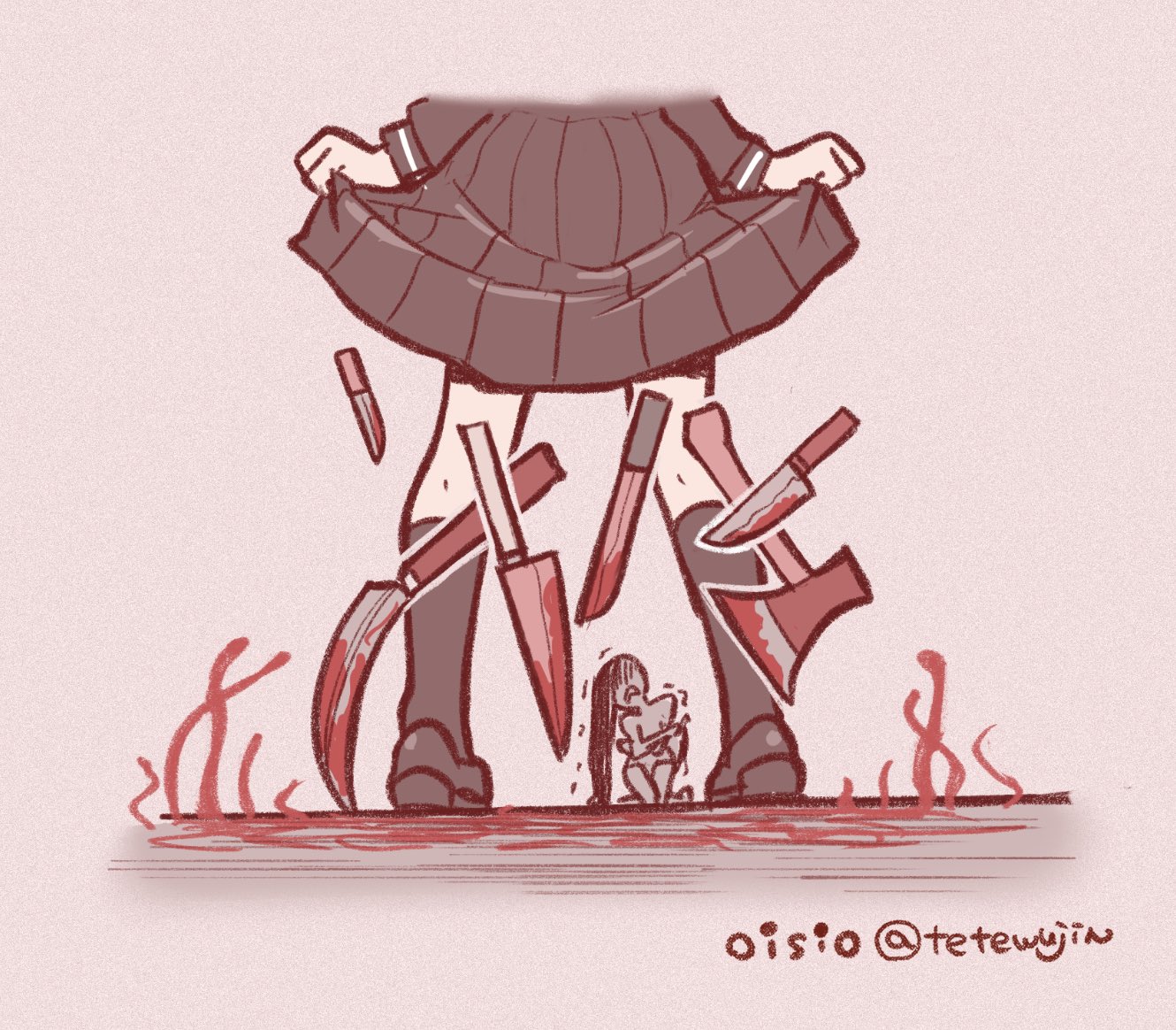 oisiso, shimizu hinako, silent hill (series), silent hill f, 1girl, 1other, artist name, axe, black hair, black shoes, black skirt, black socks, blood, bloody weapon, clothes lift, frown, knife, long hair, lower body, pleated skirt, shoes, sickle, skirt, skirt lift, socks, standing, trembling, twitter username, weapon