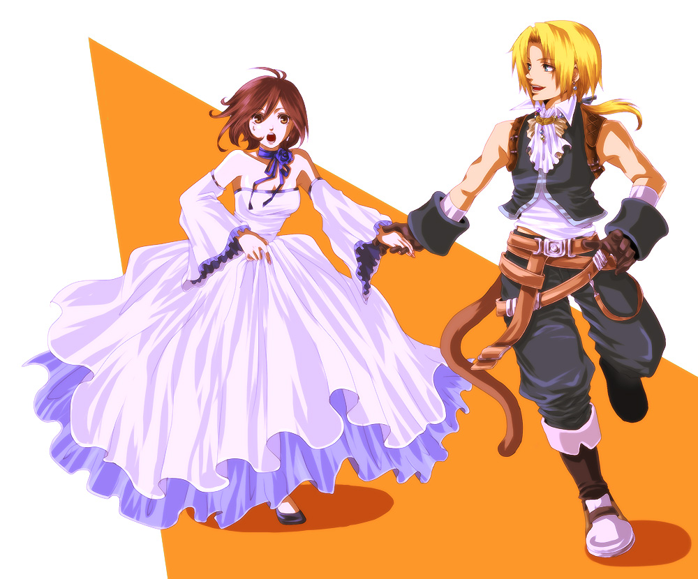 chiru (sanifani), garnet til alexandros xvii, zidane tribal, final fantasy, final fantasy ix, 00s, blonde hair, bride, brown eyes, brown hair, detached sleeves, dress, holding hands, running, tail, wedding dress