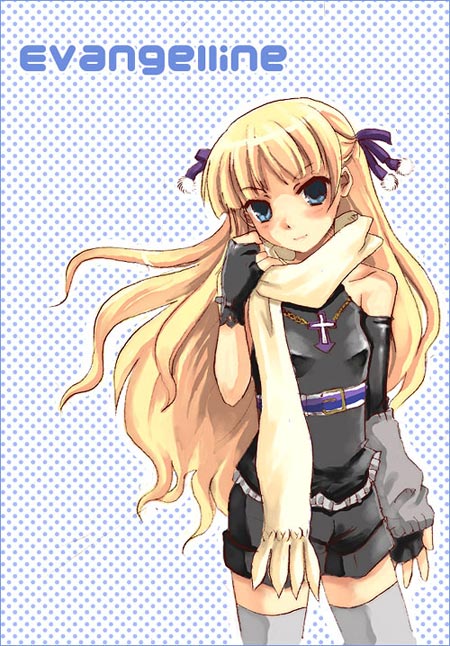 evangeline a.k. mcdowell, mahou sensei negima!, 00s, 1girl, blonde hair, blue eyes, blush, cross, elbow gloves, female focus, fingerless gloves, gloves, grey thighhighs, hair ribbon, long hair, polka dot, ribbon, scarf, shorts, single elbow glove, smile, solo, thighhighs, vampire, very long hair, zettai ryouiki