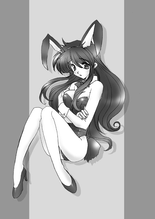 gojiuri, asahina mikuru, suzumiya haruhi no yuuutsu, bad id, bad pixiv id, 00s, 1girl, animal ears, bare legs, fake animal ears, female focus, greyscale, long hair, monochrome, playboy bunny, rabbit ears, solo
