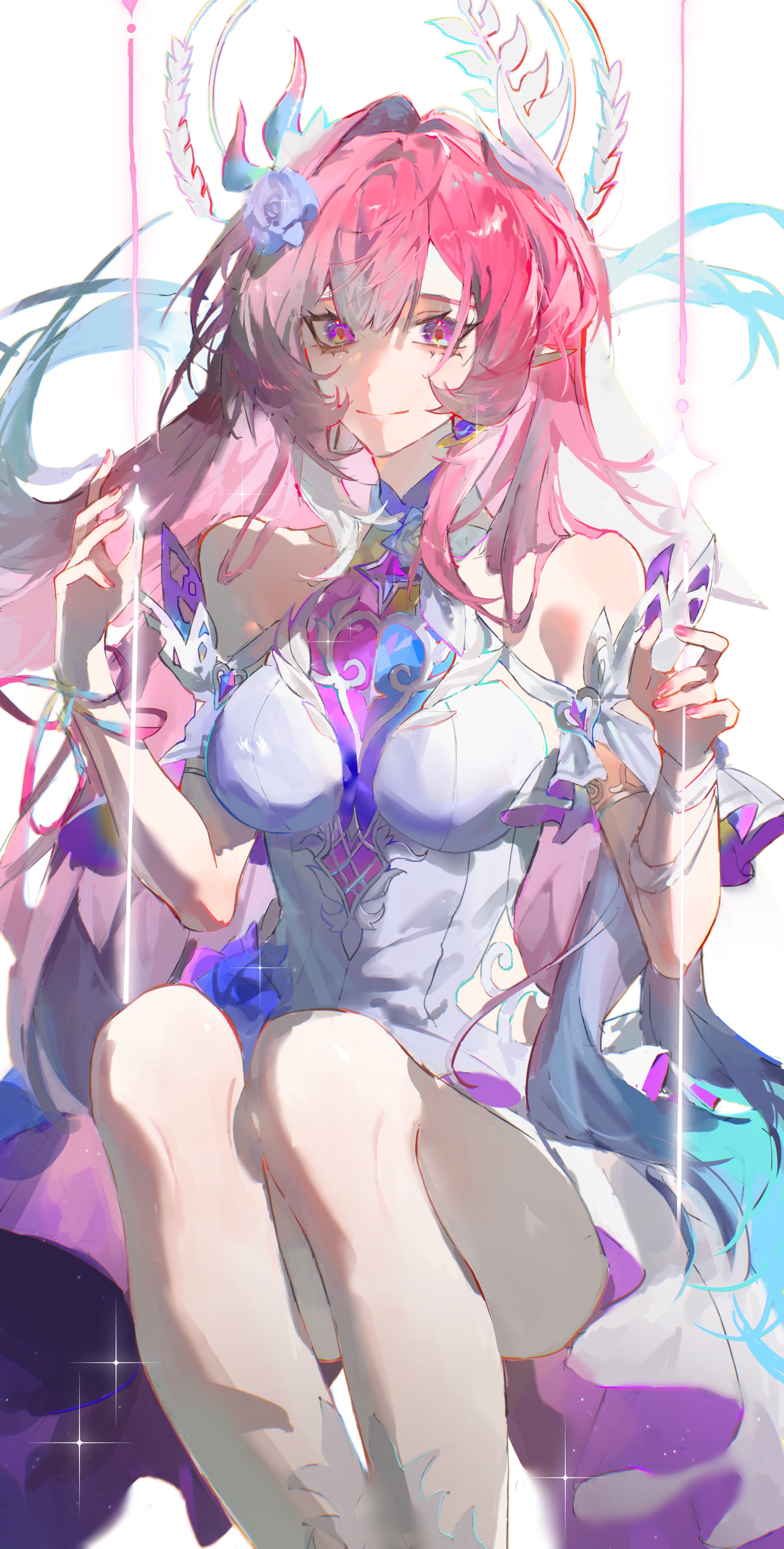 cyrene (honkai: star rail), cyrene (ripples of past reverie) (honkai: star rail), honkai: star rail, honkai (series), absurdres, highres, 1girl, aqua hair, bare shoulders, breasts, dress, flower, gradient hair, hair flower, hair ornament, halo, large breasts, long hair, multicolored hair, on swing, pink hair, pointy ears, purple eyes, simple background, smile, solo, swing, thighs, two-tone hair, very long hair, white background, white dress, zeron79346