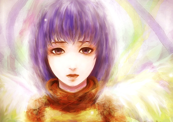 fm77 (artist), eiko carol, final fantasy, final fantasy ix, 00s, 1girl, brown eyes, child, female focus, purple hair, short hair, solo, wings