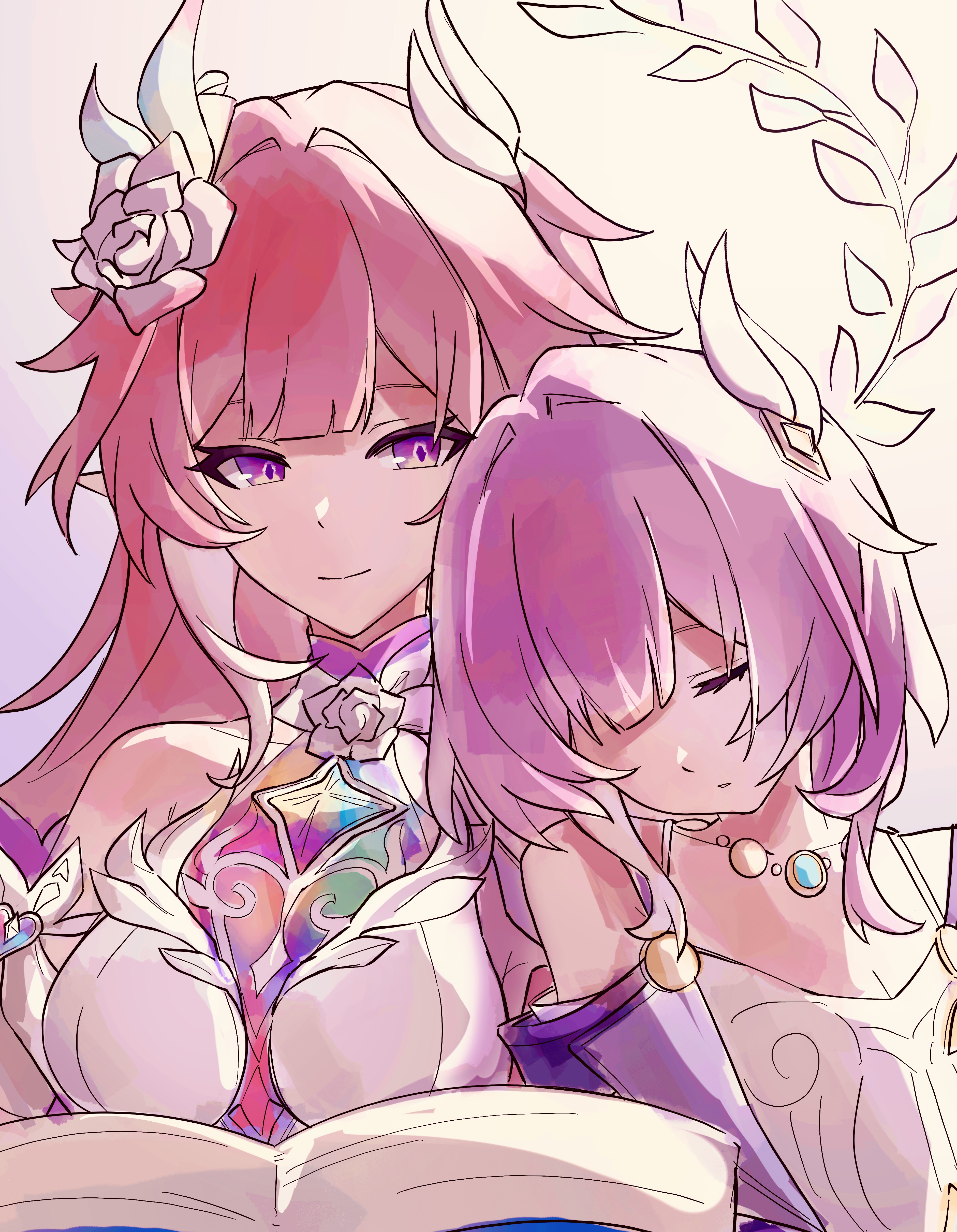 cyrene (honkai: star rail), cyrene (ripples of past reverie) (honkai: star rail), honkai: star rail, honkai (series), absurdres, chinese commentary, commentary request, highres, bird, book, breasts, cleavage, closed eyes, cyrene (aedes elysiae) (honkai: star rail), diamond-shaped pupils, diamond (shape), dove, dress, dual persona, hair ornament, halo, head on another's shoulder, jewelry, large breasts, long hair, multicolored hair, necklace, open book, pink hair, purple eyes, qingting t, short hair, simple background, small breasts, smile, symbol-shaped pupils, two-tone hair, very long hair, white background, white dress, white hair