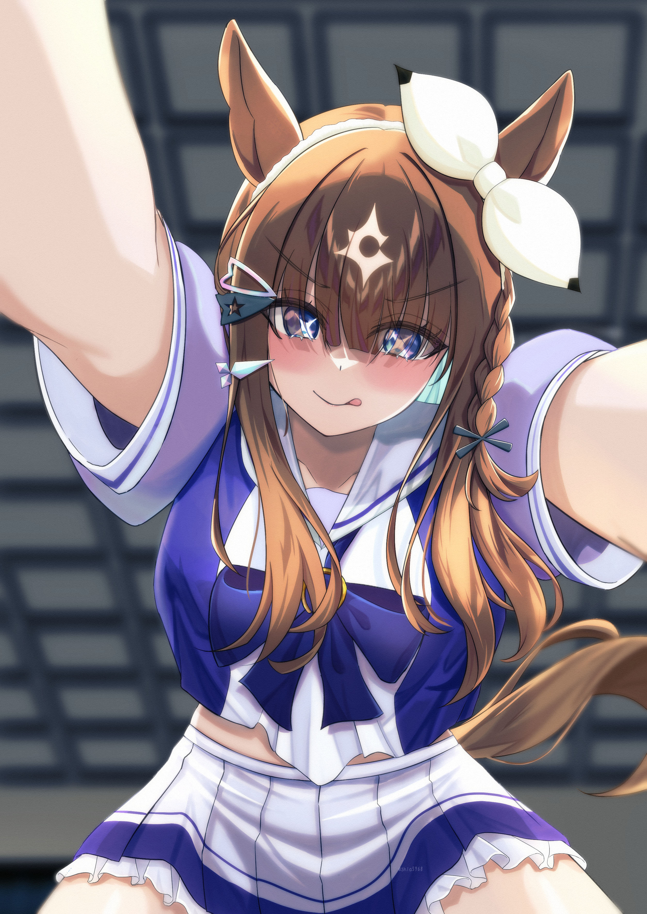 shia0016, almond eye (umamusume), umamusume, absurdres, commentary request, highres, 1girl, :q, animal ears, blush, bow, bowtie, braid, breasts, cropped shirt, cross-shaped pupils, horse ears, horse girl, horse tail, large breasts, long hair, looking at viewer, midriff peek, multicolored hair, outstretched arms, pleated skirt, pov, purple bow, purple bowtie, purple shirt, sailor collar, school uniform, shirt, short sleeves, single braid, skirt, smile, solo, streaked hair, symbol-shaped pupils, tail, tongue, tongue out, tracen school uniform, v-shaped eyebrows, white sailor collar, white skirt