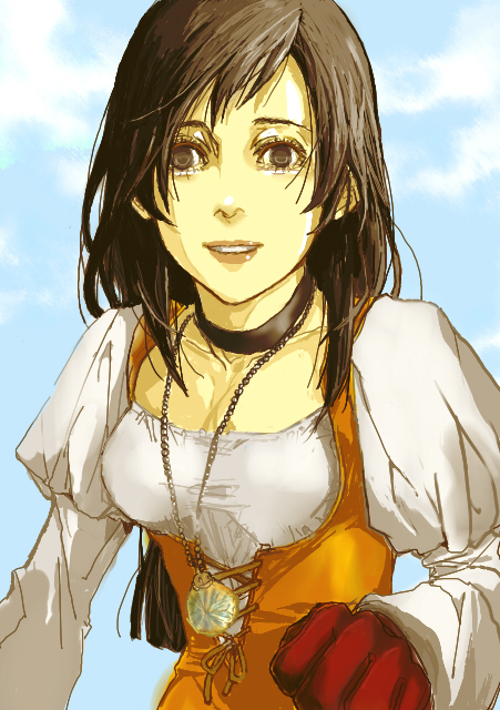 garnet til alexandros xvii, final fantasy, final fantasy ix, non-web source, 00s, 1girl, breasts, brown eyes, brown hair, choker, female focus, jewelry, necklace, outdoors, sky, solo