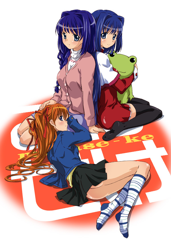 nisemon, keropi, keropii, minase akiko, minase nayuki, sawatari makoto, kanon, minami-ke, 3girls, age difference, frog, hair intakes, mother and daughter, multiple girls, no panties, parody, school uniform, serafuku, socks, stuffed animal, stuffed frog, stuffed toy, thighhighs
