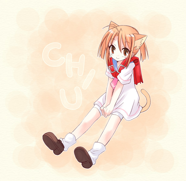 yuuma (omaeno meinichi), hasegawa chisame, mahou sensei negima!, 00s, 1girl, ahoge, animal ears, backpack, bag, brown eyes, cat ears, character name, female focus, orange hair, randoseru, school uniform, short hair, solo, tail