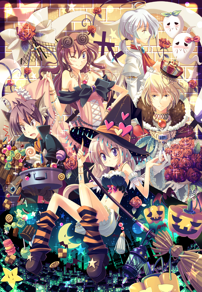 yamadori yoshitomo, striped legwear, bad id, bad pixiv id, 2girls, 3boys, angel, angel wings, animal ears, bat (animal), blonde hair, bloomers, blush, broom, brown hair, bustier, candy, checkerboard cookie, city, cookie, crown, dress, flower, food, ghost, gloves, halloween, halo, hat, heart, holding hands, jack-o'-lantern, jewelry, king, lantern, lingerie, macaron, mappi (artist), midriff, moon, multiple boys, multiple girls, nail polish, navel, one eye closed, orange flower, orange nails, orange rose, pink nails, pumpkin, purple eyes, red flower, red rose, ribbon, rose, shorts, smile, socks, star (symbol), striped clothes, striped socks, underwear, werewolf, white hair, wings, wink, witch, witch hat