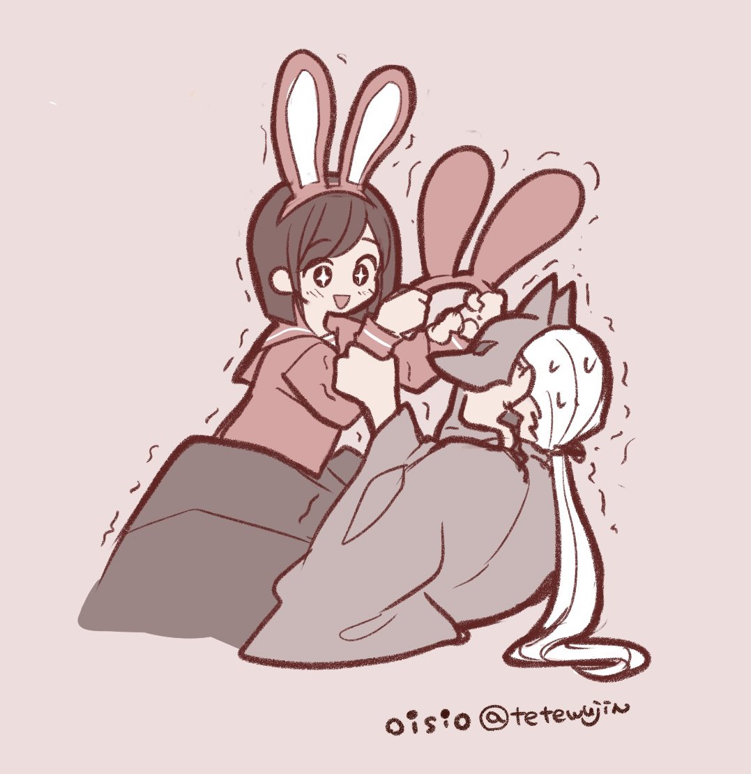 oisiso, shimizu hinako, silent hill (series), silent hill f, 1boy, 1girl, animal ear hairband, animal ears, artist name, blush, brown hair, earrings, fake animal ears, fox mask, hairband, holding another's wrists, holding hairband, japanese clothes, jewelry, long hair, low ponytail, mask, open mouth, pink sailor collar, pink serafuku, pink shirt, ponytail, rabbit ears, sailor collar, school uniform, serafuku, shirt, short hair, single earring, smile, sparkling eyes, sweatdrop, twitter username, white hair