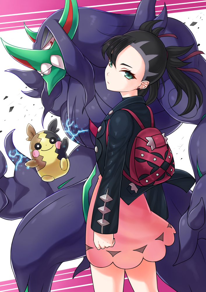 soyo2106, grimmsnarl, marnie (pokemon), morpeko, morpeko (full), nintendo, pokemon, pokemon swsh, commentary request, 1girl, asymmetrical bangs, backpack, bag, black hair, black jacket, dress, earrings, electricity, floating hair, from behind, gen 8 pokemon, green eyes, hair ribbon, head tilt, jacket, jewelry, looking at viewer, looking back, pink dress, pokemon (creature), red ribbon, ribbon, standing, stud earrings, twintails, undercut