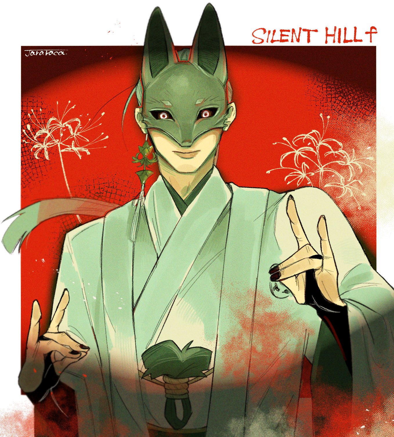 hiss jararaca, fox mask (silent hill), silent hill (series), silent hill f, highres, artist name, black nails, black sclera, bridal gauntlets, closed mouth, colored sclera, copyright name, earrings, flower, fox mask, fox shadow puppet, japanese clothes, jewelry, light smile, long hair, low ponytail, mask, nail polish, ponytail, red background, robe, single earring, spider lily, tassel, tassel earrings, white hair, white robe, wide sleeves, yellow eyes