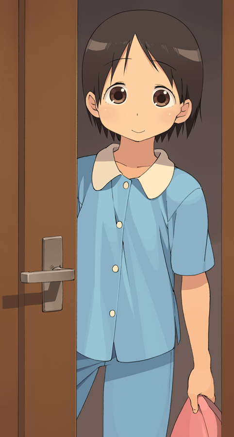 go robots, itou chika, ichigo mashimaro, 1girl, brown eyes, brown hair, female focus, pajamas, short hair, smile, solo