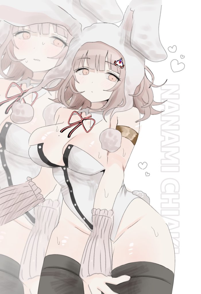 ikemen'na ore-shi, nanami chiaki, danganronpa (series), danganronpa 2: goodbye despair, 1girl, animal ears, armlet, bare shoulders, black leotard, black thighhighs, breasts, brown hair, cleavage, detached collar, fake animal ears, fake tail, flipped hair, groin, jewelry, large breasts, leotard, medium hair, mole, mole on breast, multiple views, neck ribbon, open mouth, pink eyes, pink ribbon, rabbit ears, rabbit tail, ribbon, simple background, solo, tail, thighhighs, white background, white leotard
