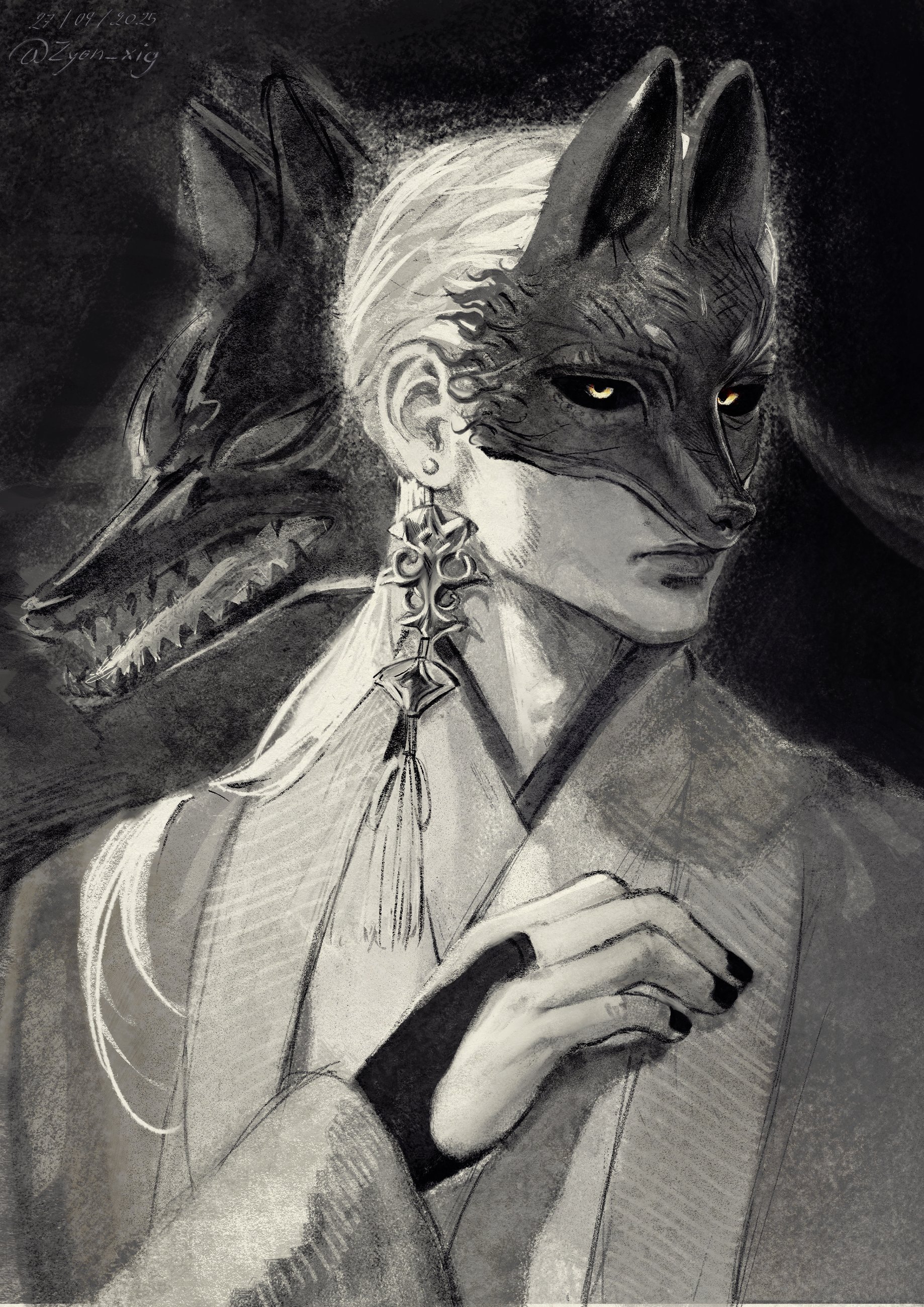 fox mask (silent hill), silent hill (series), silent hill f, absurdres, highres, 1boy, black nails, black sclera, bridal gauntlets, closed mouth, colored sclera, dated, earrings, fox mask, hair over shoulder, hand on own chest, japanese clothes, jewelry, long hair, low ponytail, male focus, mask, nail polish, ponytail, robe, single earring, solo, tassel, tassel earrings, twitter username, upper body, white hair, white robe, zyon xig
