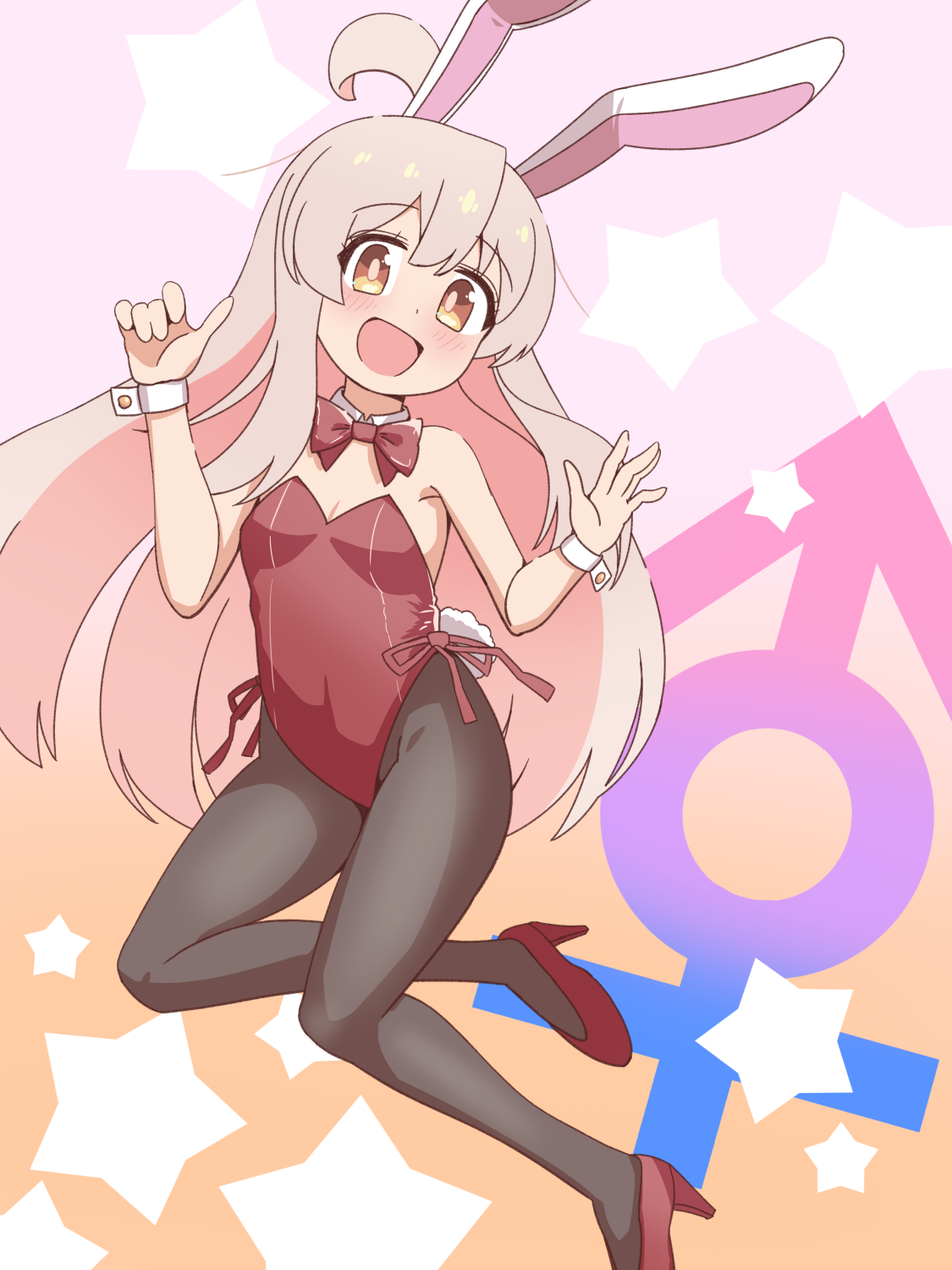 gekogekobuhihi, oyama mahiro, onii-chan wa oshimai!, highres, 1girl, ahoge, animal ear hairband, animal ears, black pantyhose, bow, bowtie, breasts, brown eyes, detached collar, fake animal ears, hairband, leotard, long hair, looking at viewer, male-female symbol, open mouth, pantyhose, pink hair, playboy bunny, rabbit ears, rabbit tail, red bow, red bowtie, red leotard, side-tie leotard, small breasts, smile, solo, strapless, strapless leotard, tail, wrist cuffs