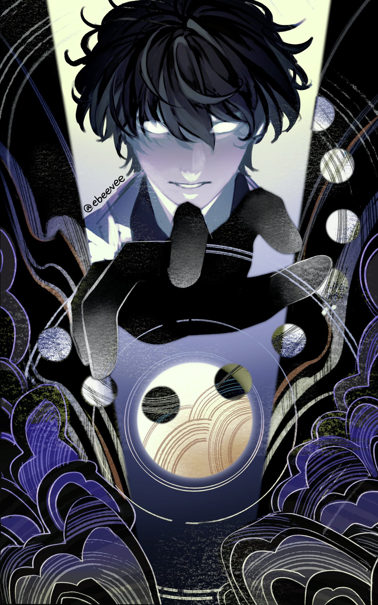evie (baoxiao), kim dokja, omniscient reader's viewpoint, highres, 1boy, :d, abstract, black hair, cloud, empty eyes, glowing, glowing eyes, gradient skin, grin, horizontal spotlight, limited palette, male focus, moon, open mouth, outstretched hand, painterly, planet, short hair, smile, solo, swirl, underlighting, upper body