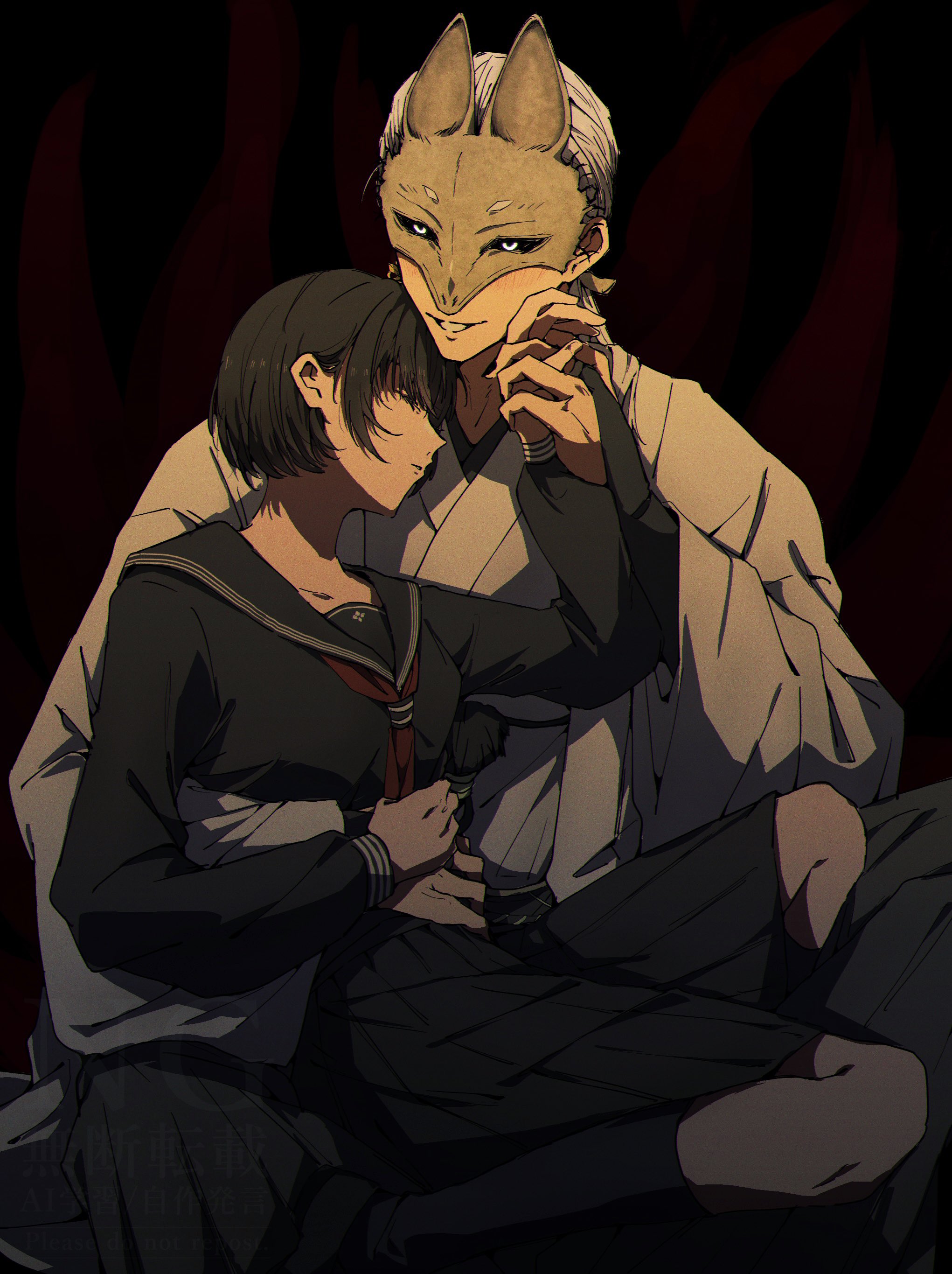 mafi another, fox mask (silent hill), shimizu hinako, silent hill (series), silent hill f, absurdres, highres, 1boy, 1girl, arm around waist, black background, black hair, black nails, black sailor collar, black sclera, black serafuku, black shirt, black skirt, black socks, breasts, bridal gauntlets, closed eyes, colored sclera, couple, fox mask, hair over shoulder, hetero, holding hands, interlocked fingers, japanese clothes, long hair, low ponytail, mask, medium breasts, nail polish, neckerchief, parted lips, ponytail, red neckerchief, robe, sailor collar, school uniform, serafuku, shirt, short hair, sitting, sitting on lap, sitting on person, skirt, smile, socks, white hair, white robe