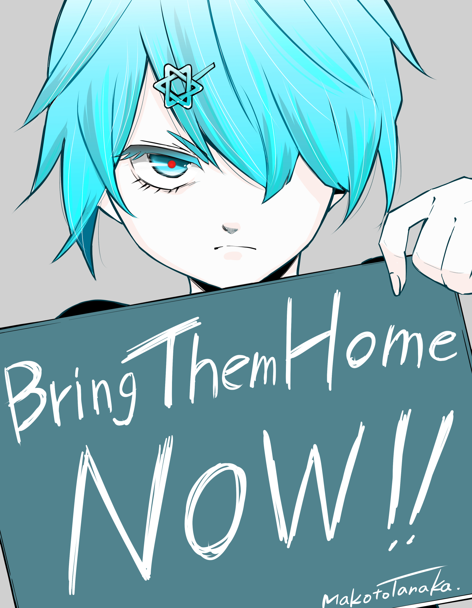 tanaka makoto, original, commentary, english commentary, highres, 1girl, ahoge, angry, aqua eyes, aqua hair, artist name, black shirt, closed mouth, english text, fingernails, frown, grey background, hair ornament, hair over one eye, hand up, hexagram, holding, holding sign, israel, looking at viewer, one eye covered, pale skin, politics, red pupils, shirt, short hair, sign, simple background, solo, star (symbol), star hair ornament, star of david, straight-on, upturned eyes, v-shaped eyebrows