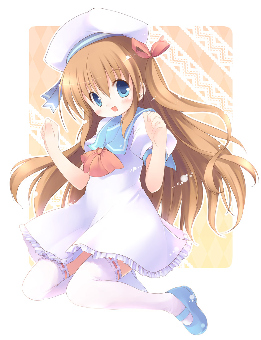 emurin, original, 1girl, :d, beret, blue eyes, blush, brown hair, dress, female focus, frills, happy, hat, long hair, mary janes, open mouth, sailor dress, shoes, smile, solo, thighhighs, white thighhighs