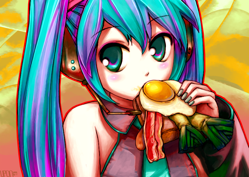 mila the mute, hatsune miku, vocaloid, bacon, bread, bread slice, breakfast, detached sleeves, eating, egg, egg (food), food, fried egg, fried egg on toast, green eyes, headphones, microphone, multicolored hair, necktie, solo, spring onion, toast, twintails