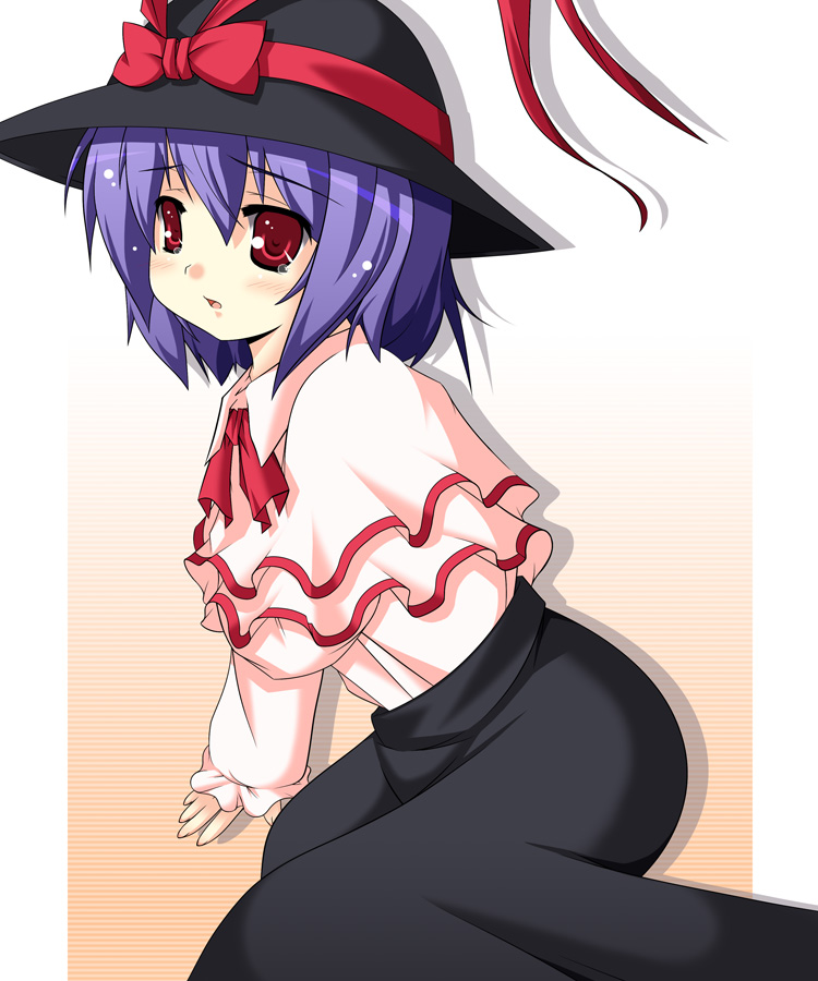 kurusu (pixiv), takanashi kurusu, nagae iku, touhou, bad id, bad pixiv id, 1girl, female focus, hat, hat ribbon, purple hair, red eyes, ribbon, short hair, solo, tears