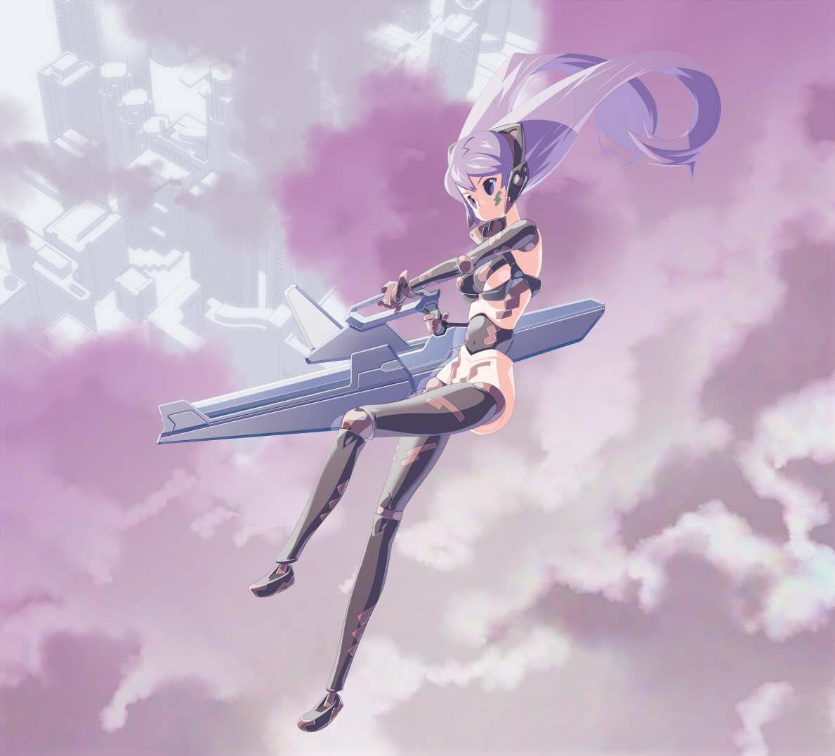 tensugi takashi, original, bad id, bad pixiv id, 1girl, cloud, doll joints, female focus, gun, huge weapon, joints, long hair, mecha musume, midair, purple hair, revealing clothes, rifle, solo, thighhighs, twintails, weapon
