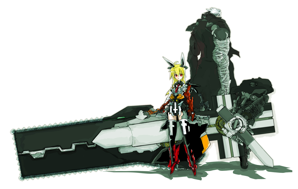 beru, 1boy, 1girl, armor, back-to-back, bandages, blonde hair, chainsaw, cross, huge weapon, inverted cross, long hair, mecha musume, necktie, red eyes, shadow, size difference, sword, weapon, white hair