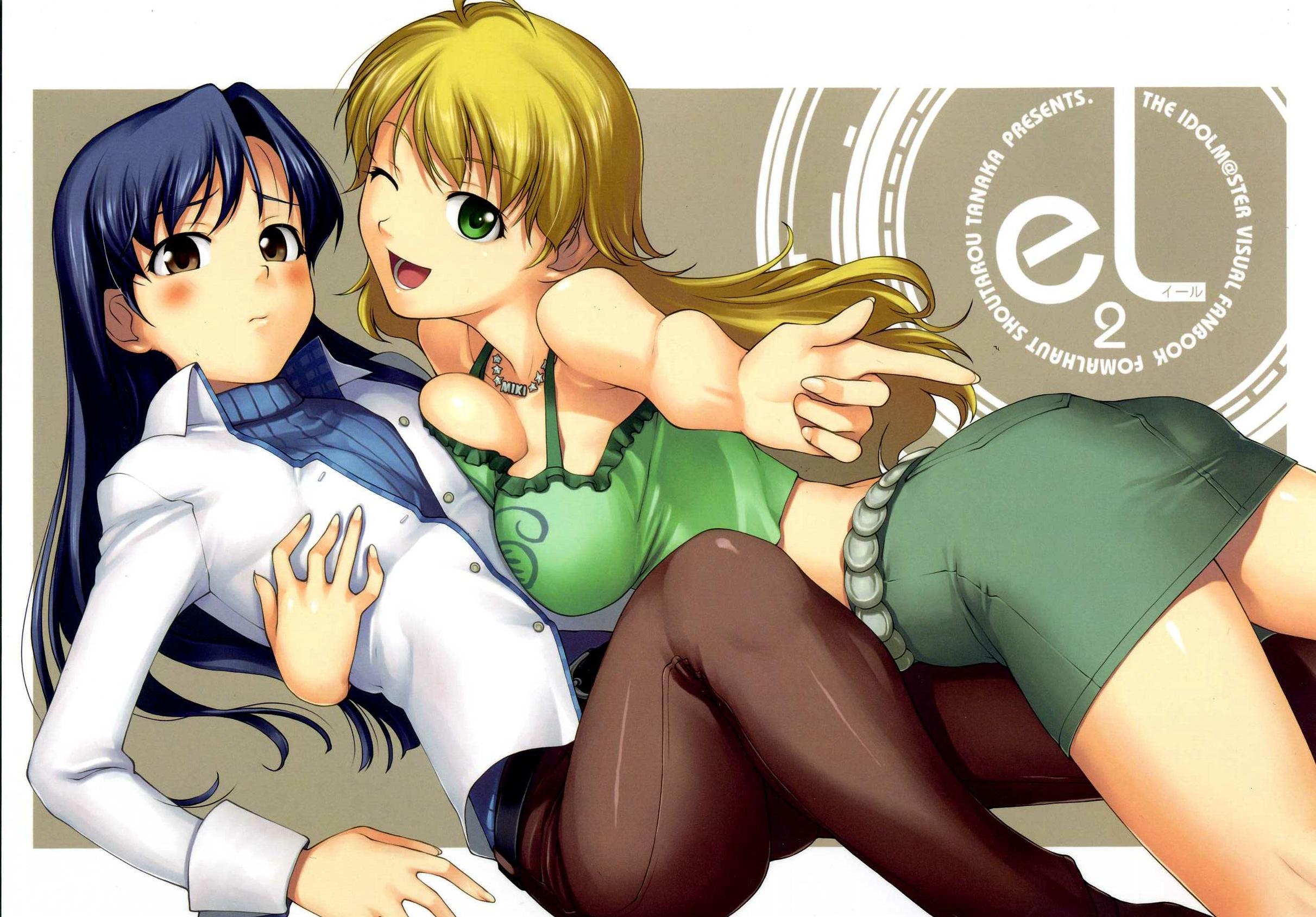 tanaka shoutarou, hoshii miki, kisaragi chihaya, idolmaster, idolmaster (classic), idolmaster 1, highres, 00s, 2girls, blonde hair, blue hair, blush, breast press, breasts, brown eyes, flat chest, flat chest grab, girl on top, grabbing another's breast, green eyes, groping, large breasts, long hair, miniskirt, multiple girls, one eye closed, pants, pencil skirt, pint, pointing, skirt, v, wink, yuri