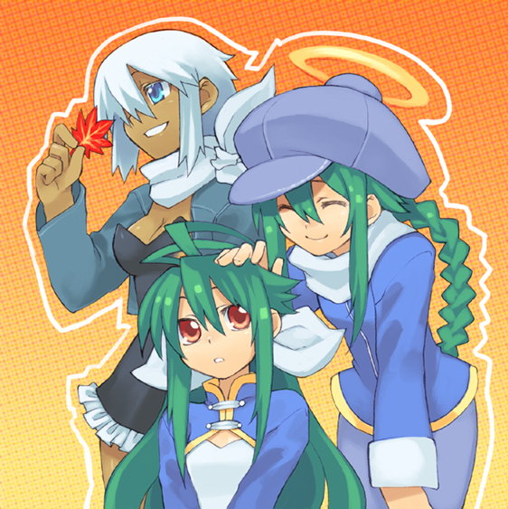 shigehiro (hiroi heya), polaris (shinrabanshou), shinrabanshou, silver hair, 3girls, green hair, hat, long hair, multiple girls, ribbon, short hair