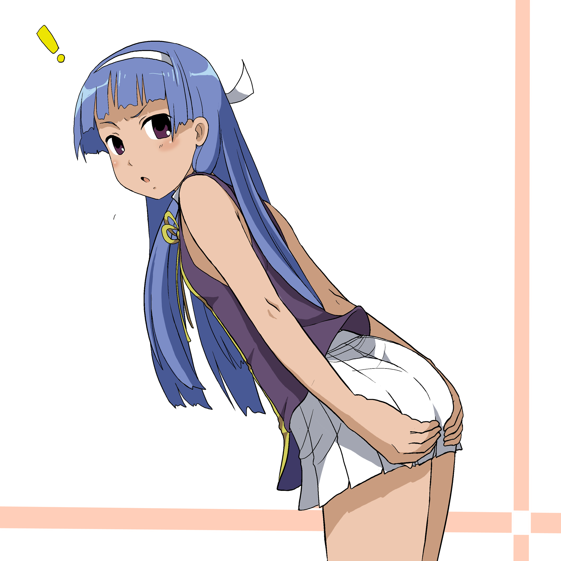 takaya n, nagi, kannagi, highres, 00s, 1girl, blue hair, blunt bangs, female focus, long hair, pleated skirt, purple eyes, skirt, solo, thighs, white skirt