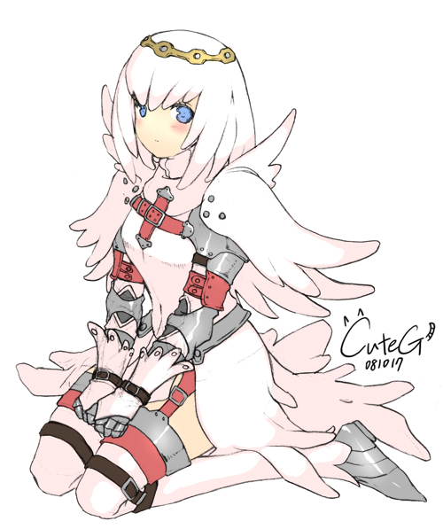 cuteg, capcom, monster hunter (series), bad id, bad pixiv id, 00s, 1girl, 2008, armor, belt, blue eyes, blush, boots, circlet, cross, detached sleeves, embarrassed, female focus, garter straps, gauntlets, khezu (armor), kneeling, long hair, looking at viewer, seiza, short hair, signature, simple background, sitting, skirt, solo, strap, thigh boots, thigh strap, thighhighs, white hair, white thighhighs, wings, zettai ryouiki