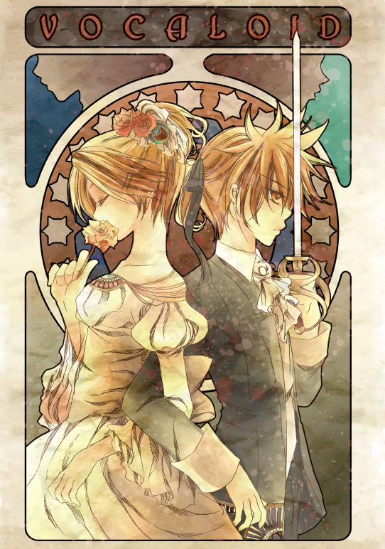 huayne, allen avadonia, kagamine len, kagamine rin, riliane lucifen d'autriche, aku no musume (vocaloid), evillious nendaiki, vocaloid, bad id, bad pixiv id, 1boy, 1girl, alternate hairstyle, art nouveau, blonde hair, brother and sister, card, card (medium), closed eyes, dress, flower, formal clothes, green eyes, hair ribbon, ribbon, rose, short hair, siblings, sword, twins, weapon, yellow eyes