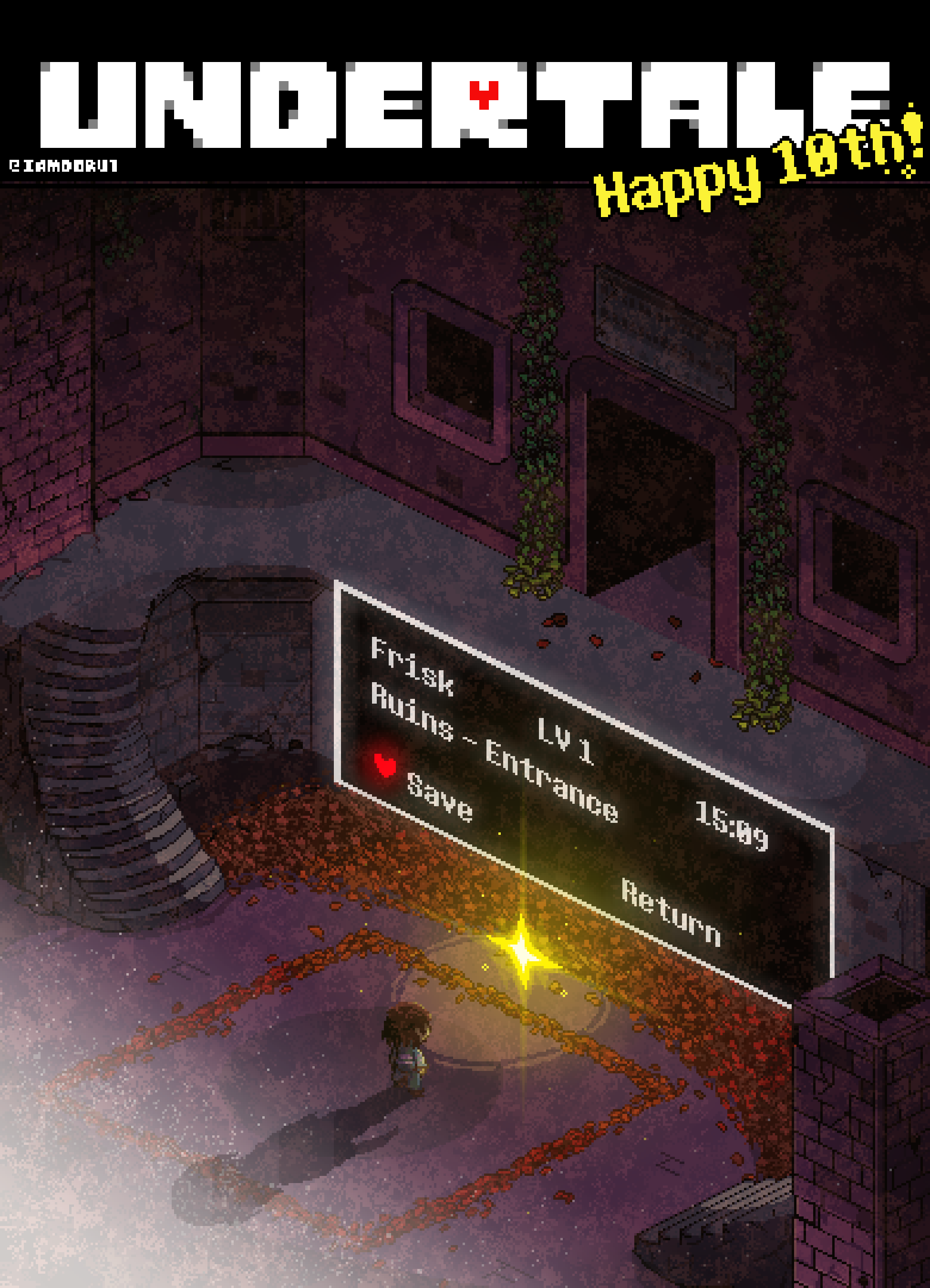 frisk (undertale), undertale, utdr (toby fox), absurdres, highres, 1other, anniversary, artist name, dialogue box, flower, gameplay mechanics, heart, iamdoru1, isometric, pixel art, ruins, save point, stairs
