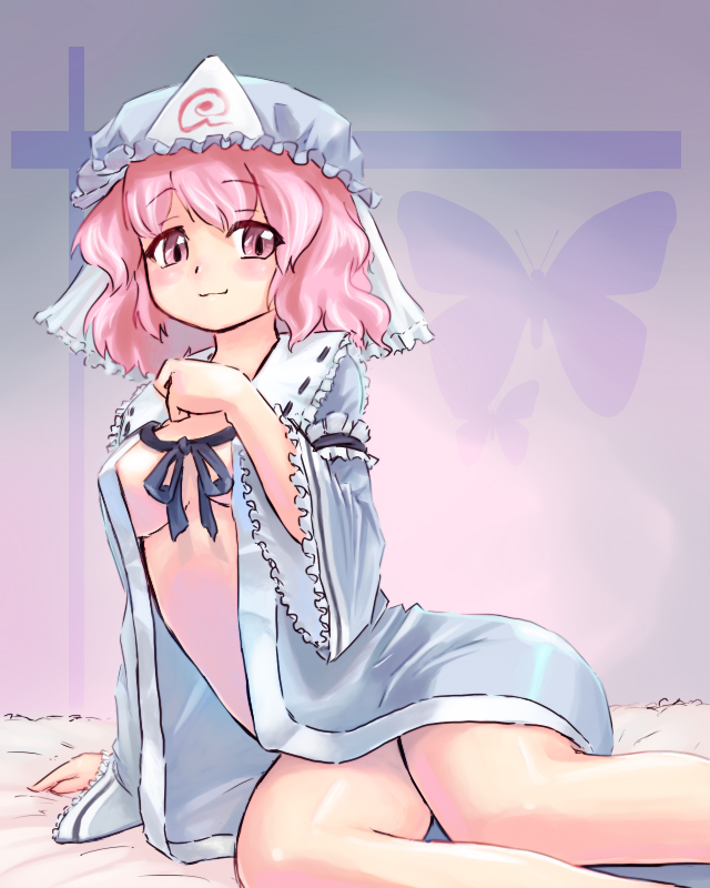 saigyouji yuyuko, touhou, artist request, non-web source, 1girl, bed, breasts, female focus, gradient background, hat, nude, pink hair, ribbon, short hair, solo