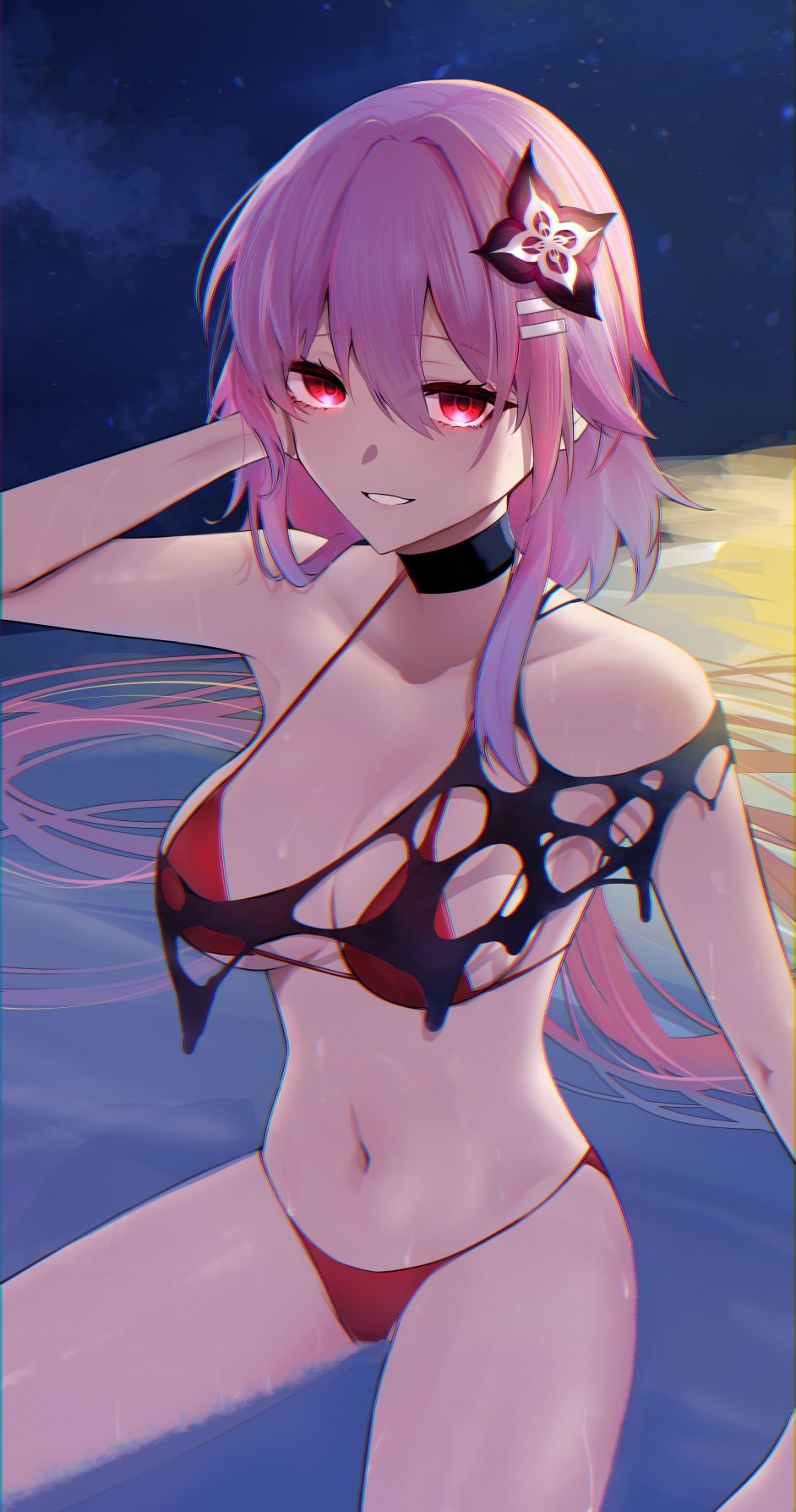 yumeneko nyaa, evernight (honkai: star rail), march 7th (honkai: star rail), honkai: star rail, honkai (series), commentary request, highres, 1girl, bikini, black choker, breasts, choker, cleavage, flower, hair flower, hair ornament, large breasts, long hair, navel, pink hair, red bikini, red eyes, shirt, solo, stomach, swimsuit, thighs, torn clothes, torn shirt, very long hair