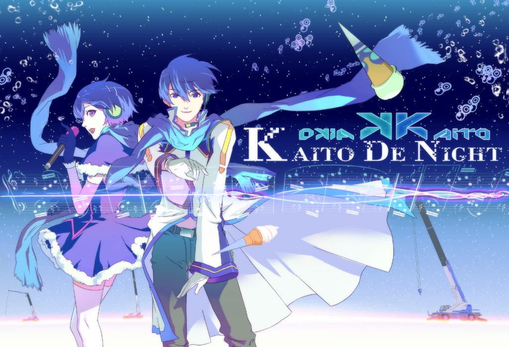 119, 1ten, kaiko (vocaloid), kaito (vocaloid), vocaloid, 1boy, 1girl, blue eyes, blue hair, blue scarf, genderswap, genderswap (mtf), gloves, microphone, scarf, short hair, thighhighs