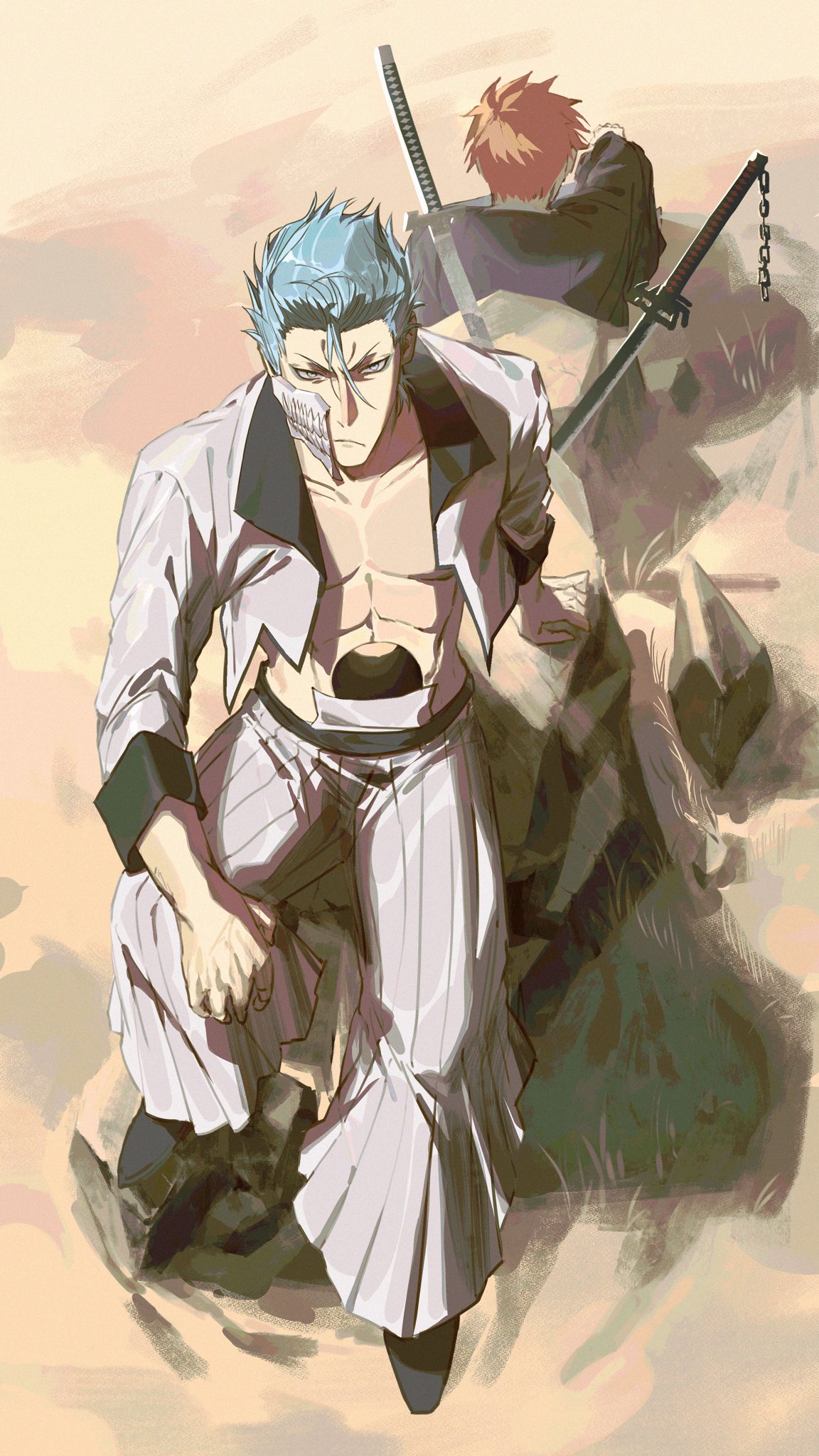 grimmjow jaegerjaquez, kurosaki ichigo, bleach, highres, 2boys, abs, black shoes, blue hair, cropped jacket, frown, full body, furrowed brow, hair between eyes, hakama, hakama pants, hole in stomach, hubi aka, jacket, japanese clothes, katana, male focus, multiple boys, open clothes, open jacket, orange hair, pants, pectorals, planted, planted sword, planted weapon, shihakusho, shoes, short hair, sitting, sword, teeth, weapon, white jacket, white pants