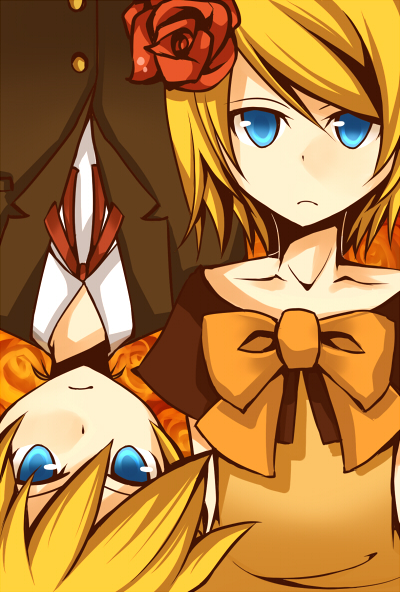 kusa, kusada souta, allen avadonia, kagamine len, kagamine rin, riliane lucifen d'autriche, aku no musume (vocaloid), evillious nendaiki, vocaloid, bad id, bad pixiv id, 1boy, 1girl, blonde hair, blue eyes, brother and sister, flower, formal clothes, rose, serious, siblings, twins