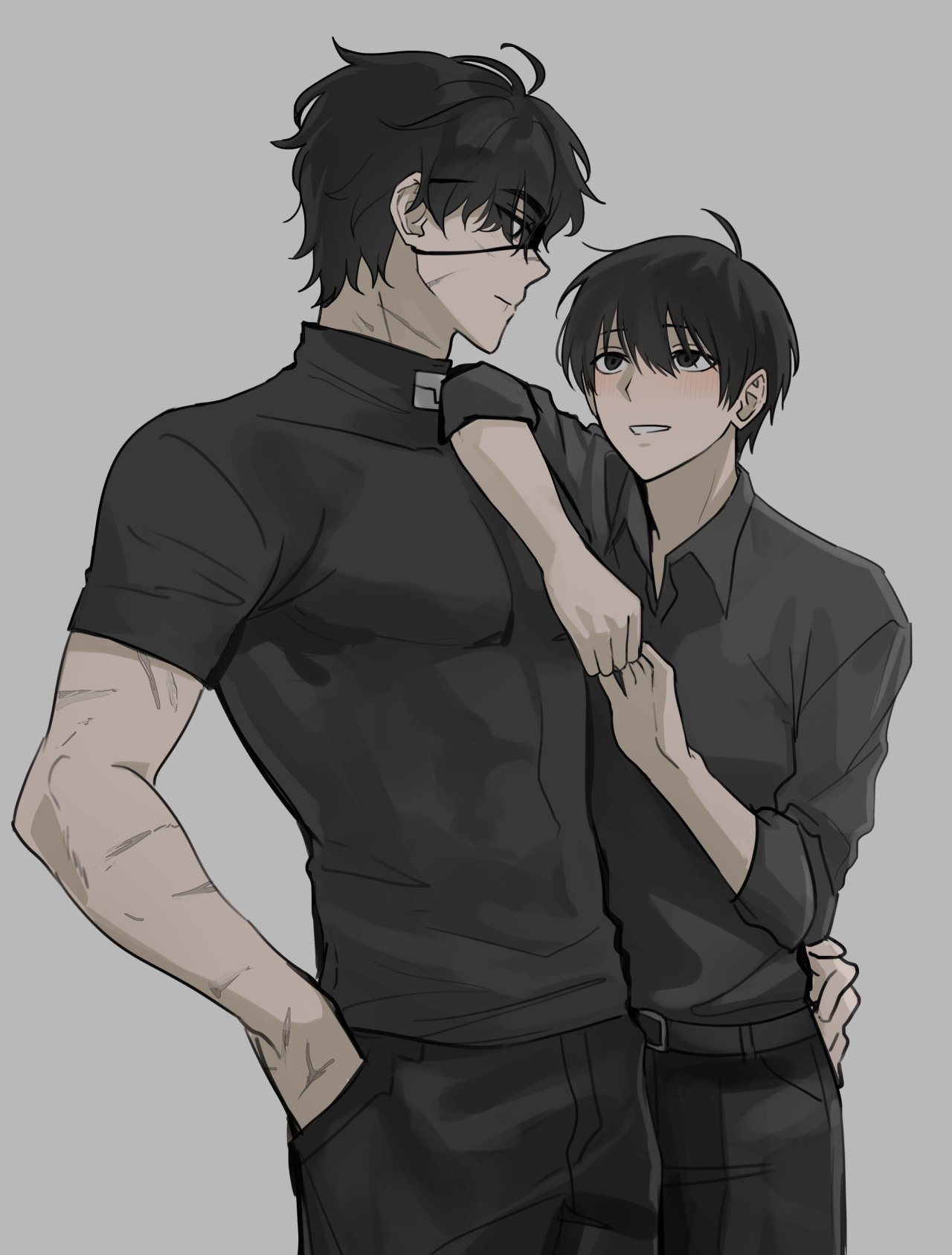 kim dokja, secretive plotter, omniscient reader's viewpoint, highres, 2boys, ahoge, arm on another's shoulder, black eyes, black hair, cowboy shot, crew neck, eyepatch, grin, hand in pocket, hand on another's waist, looking at another, male focus, multiple boys, multiple scars, muscular, muscular male, scar, scar on arm, scar on face, short hair, smile, taotaille