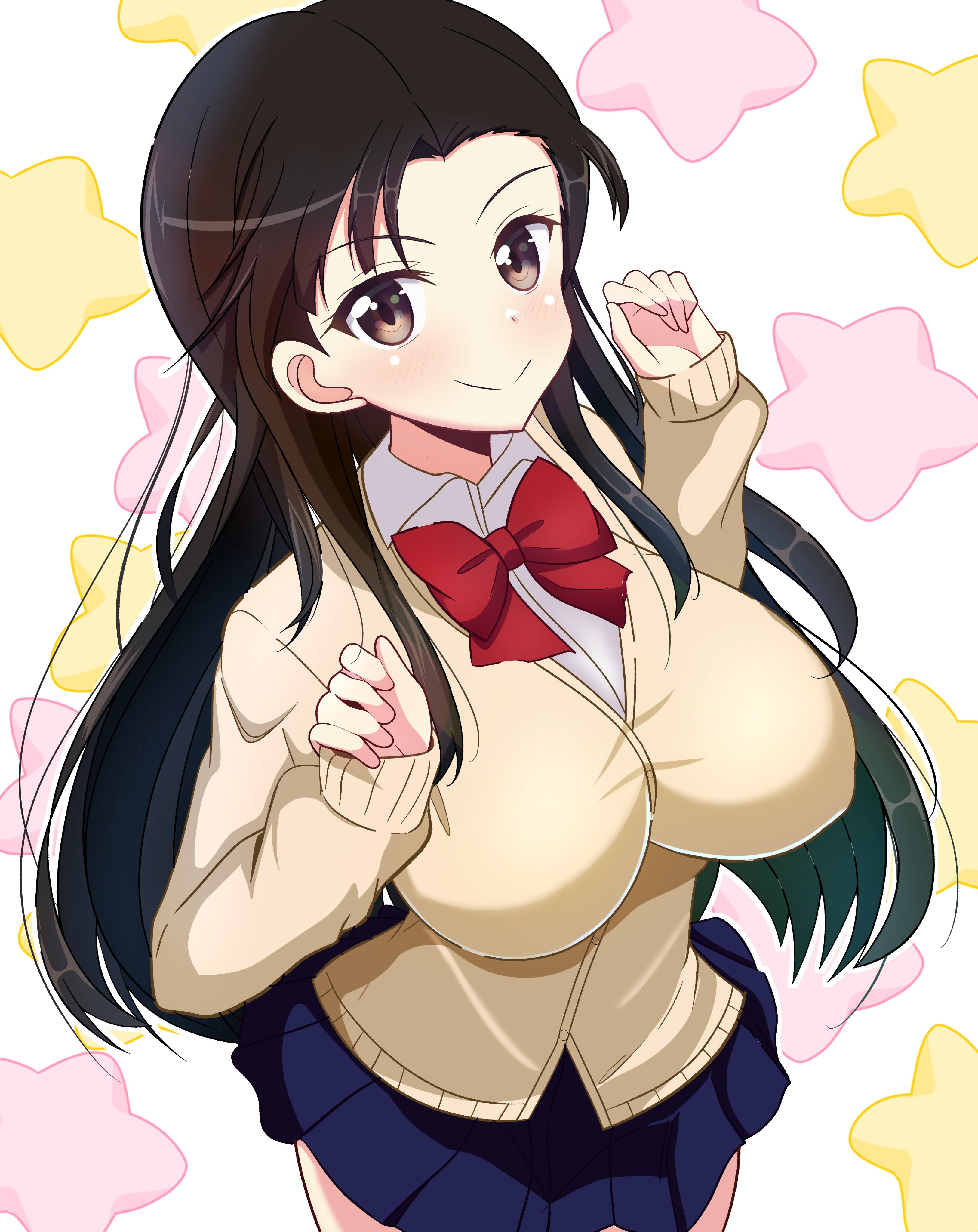 kumaisao, nishi kinuyo, girls und panzer, 1girl, black hair, blush, bowtie, breasts, brown eyes, closed mouth, large breasts, long hair, looking at viewer, miniskirt, red bow, red bowtie, school uniform, skirt, smile, solo