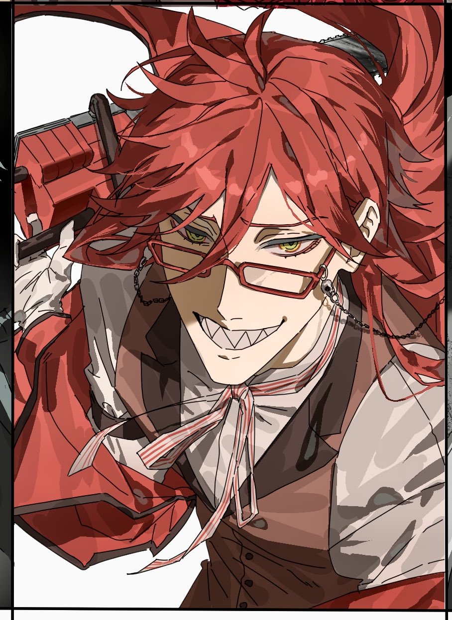 grell sutcliff, kuroshitsuji, highres, 1boy, brown vest, chainsaw, collared shirt, eyewear strap, glasses, green eyes, hair between eyes, holding, holding chainsaw, hubi aka, jacket, jacket partially removed, long hair, looking at viewer, male focus, neck ribbon, parted lips, red hair, red jacket, ribbon, sharp teeth, shirt, solo, striped ribbon, teeth, upper body, vest, waistcoat, white shirt