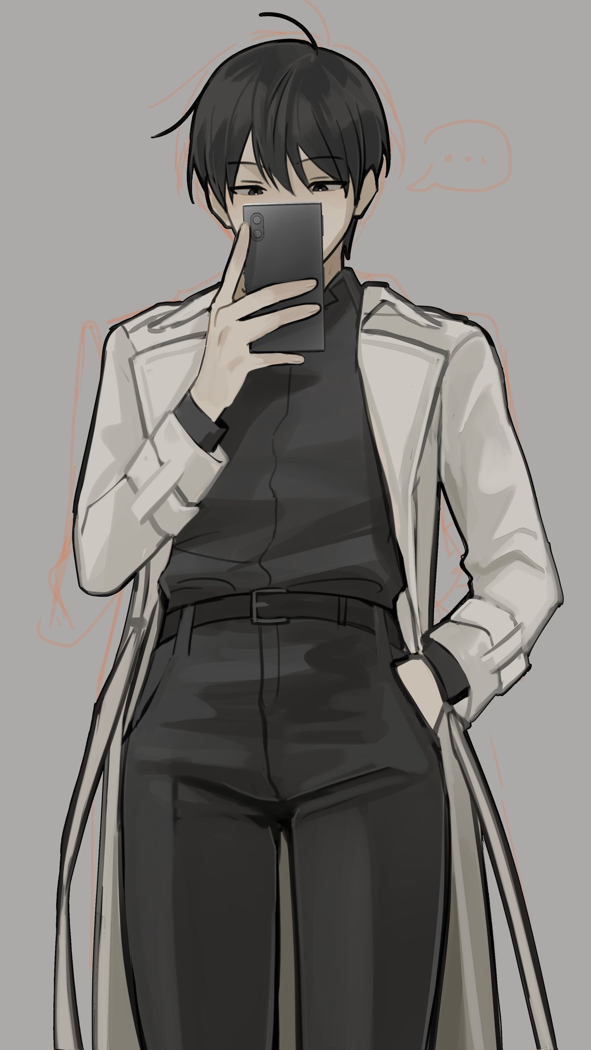 kim dokja, omniscient reader's viewpoint, highres, …, 1boy, black eyes, black hair, black shirt, borrowed clothes, coat, covering own mouth, facing viewer, hand in pocket, holding, holding phone, male focus, mirror selfie, open clothes, open coat, phone, popped collar, selfie, shirt, short hair, solo, spoken ellipsis, taotaille, white coat