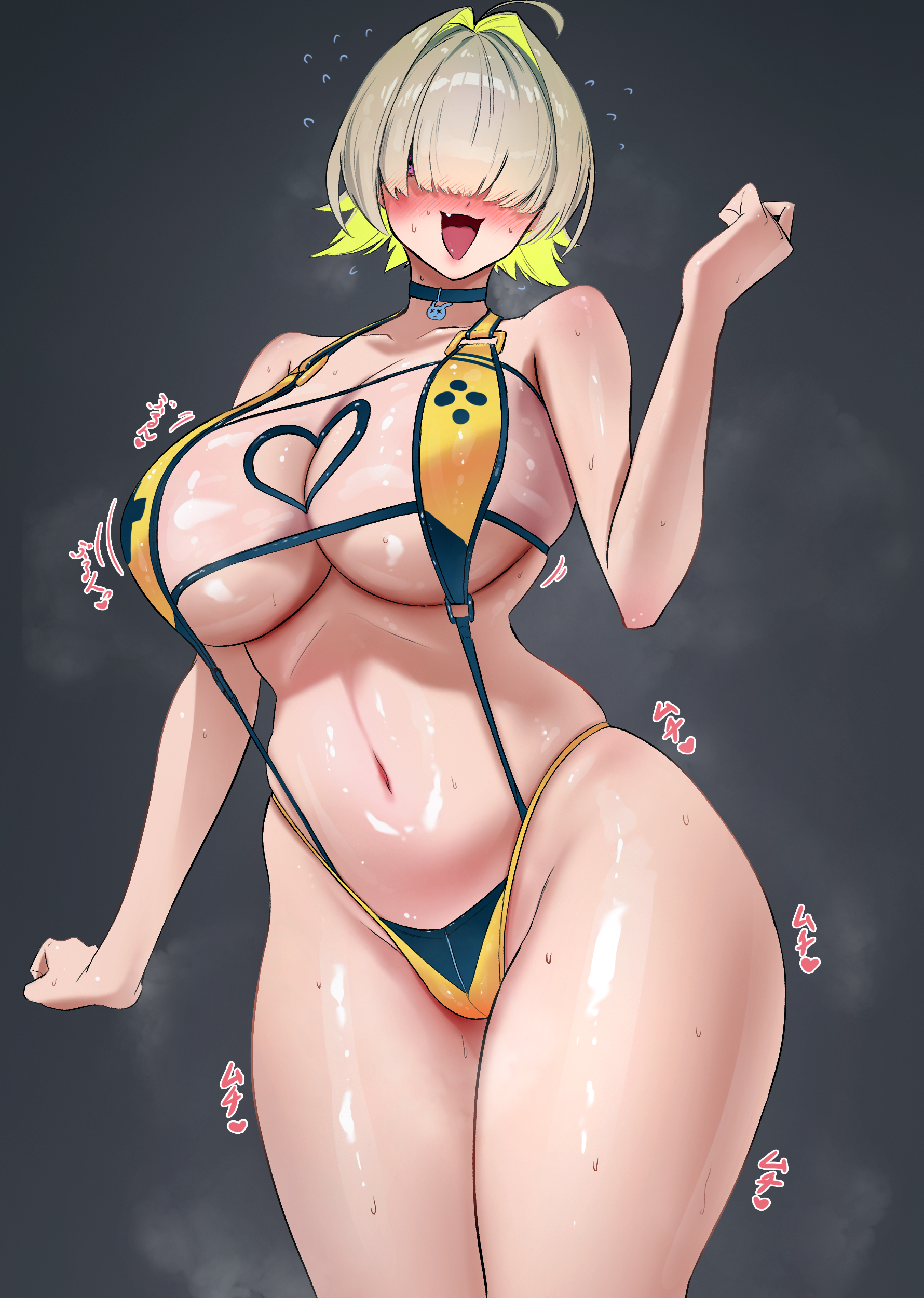 elegg (boom and shock) (nikke), elegg (nikke), goddess of victory: nikke, absurdres, commentary, highres, 1girl, ahoge, black background, blonde hair, blue choker, blush, breasts, breath, choker, cleavage, clothing cutout, colored inner hair, cowboy shot, curvy, fang, flying sweatdrops, game controller print, hair intakes, hair over eyes, heart cutout, huge breasts, long bangs, looking at viewer, multicolored hair, navel, nervous smile, official alternate costume, open mouth, purple eyes, rabbit choker, see-through clothes, see-through one-piece swimsuit, see-through slingshot swimsuit, shiny skin, short hair, simple background, skindentation, slingshot swimsuit, smile, solo, sound effects, standing, steaming body, stomach, sweat, swimsuit, thick thighs, thighs, two-tone hair, user xkka4243, yellow slingshot swimsuit