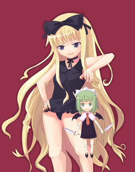 chachazero, evangeline a.k. mcdowell, mahou sensei negima!, 00s, 2girls, armpits, bare shoulders, blonde hair, blue eyes, blunt bangs, casual one-piece swimsuit, contrapposto, doll, hand on own hip, holding, long hair, multiple girls, one-piece swimsuit, red background, simple background, standing, string, swimsuit, vampire, very long hair