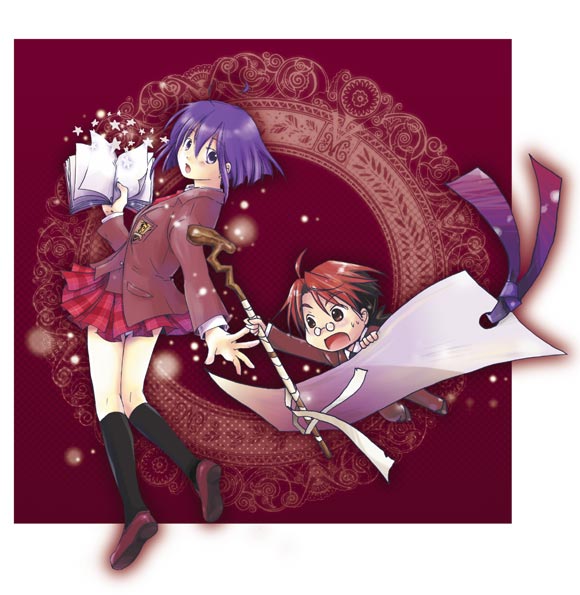 miyazaki nodoka, negi springfield, mahou sensei negima!, 00s, 1boy, 1girl, ahoge, black socks, blush, border, brown hair, from behind, full body, kneehighs, loafers, long sleeves, looking at viewer, looking back, plaid clothes, plaid skirt, purple hair, red skirt, shoes, short hair, skirt, socks, teenage girl and younger boy, thighhighs, zettai ryouiki