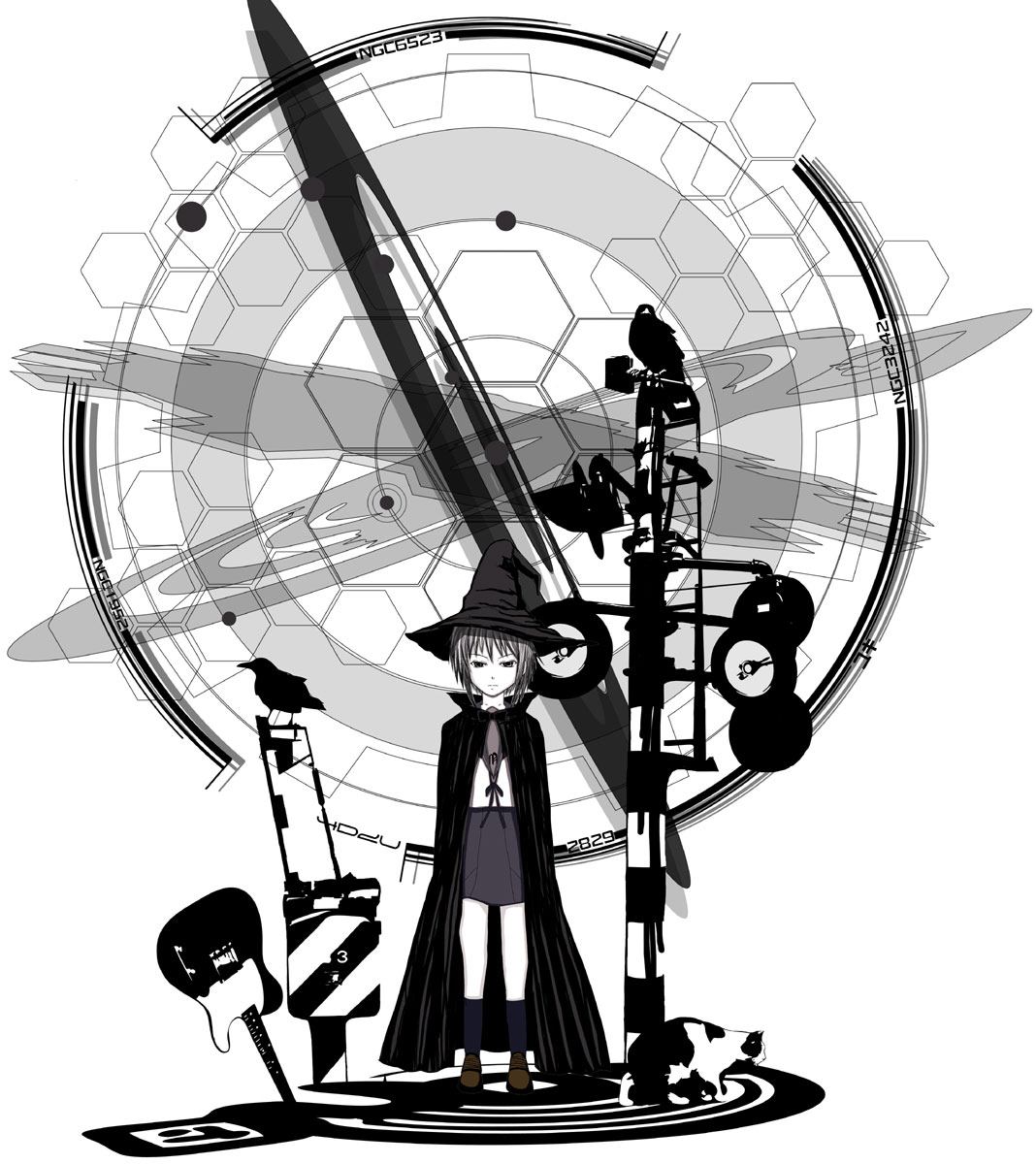 naf, nagato yuki, suzumiya haruhi no yuuutsu, bad id, bad pixiv id, highres, 00s, bird, cape, cat, greyscale, guitar, hat, high contrast, instrument, monochrome, solo, witch hat