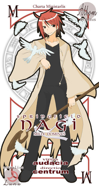 nagi springfield, mahou sensei negima!, 00s, 1boy, brown hair, card (medium), collarbone, long sleeves, looking at viewer, male focus, pactio, pants, simple background, solo, standing, text focus, white background